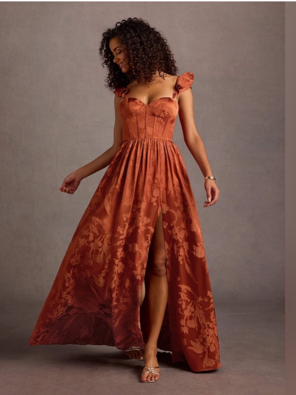 Azazie Atelier Jianna Floral Flutter Sleeve Maxi Dress Formal Bridesmaid 8 Rust